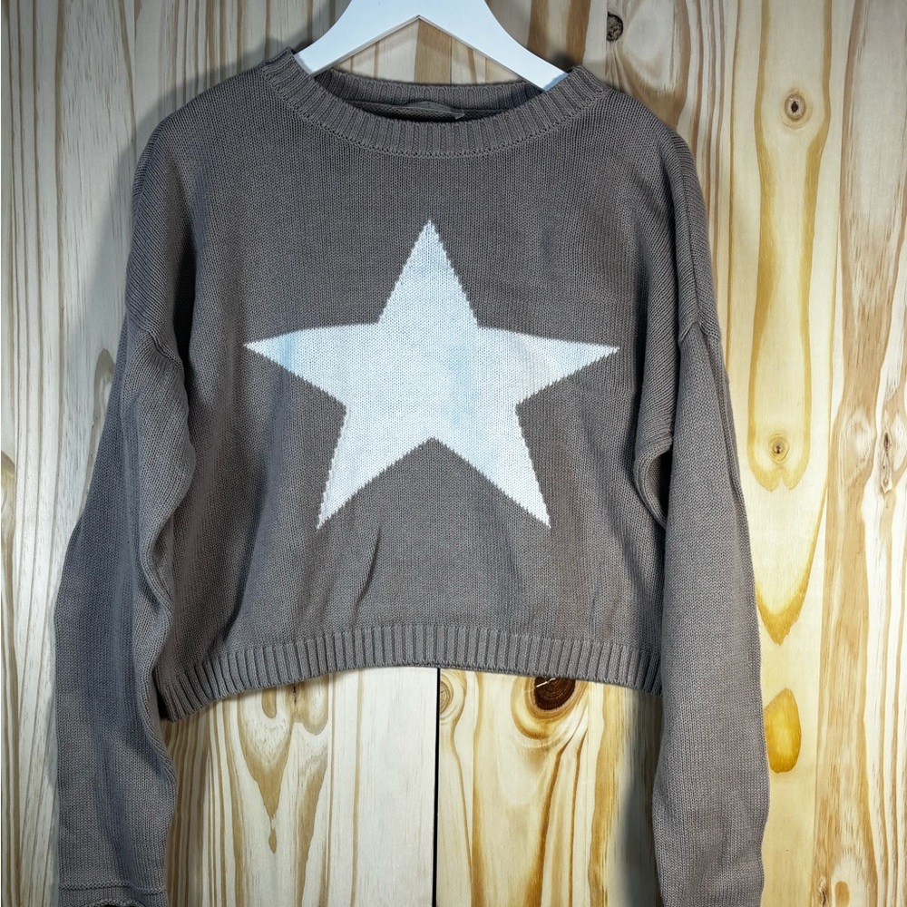 Altar'd State Taupe Knit Crewneck with White Star